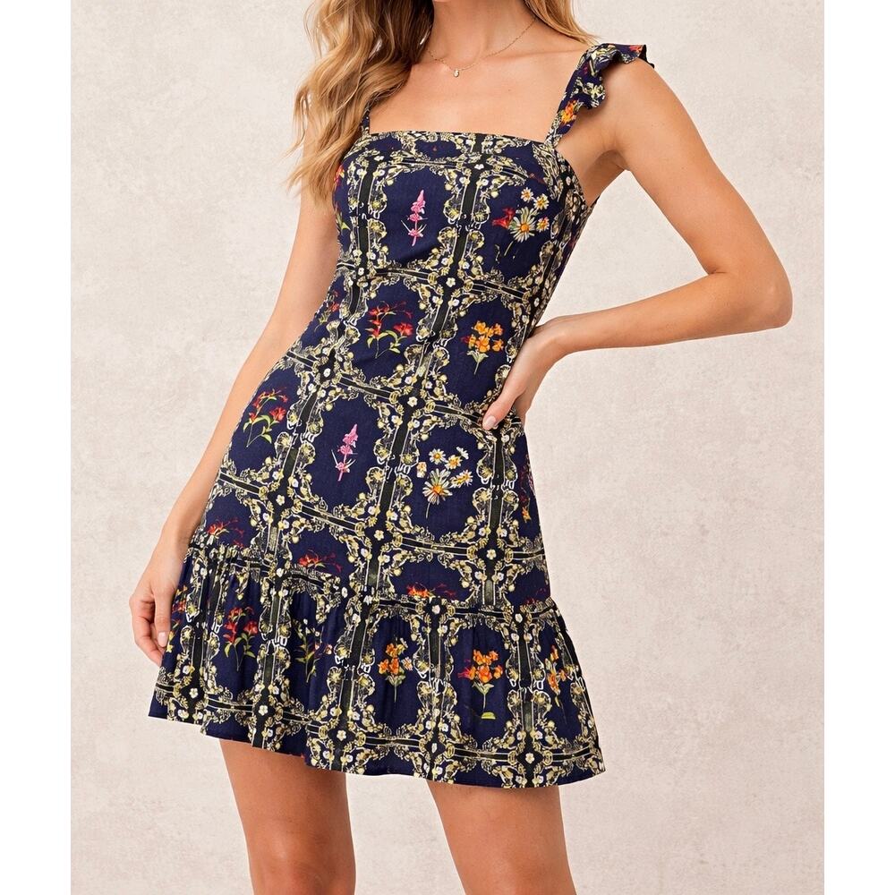 Agua Bendita x Target Navy Blue Floral Tile Print Flutter Strap Mini Dress XS